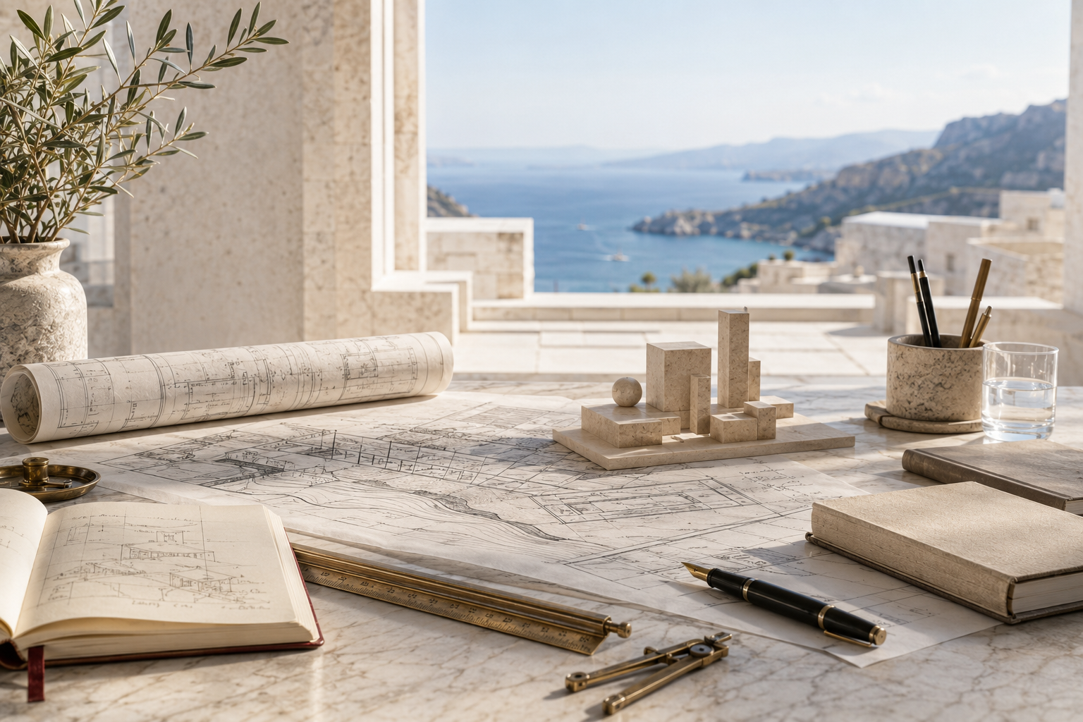 Architectural blueprints and marble models on a desk overlooking a Mediterranean coast