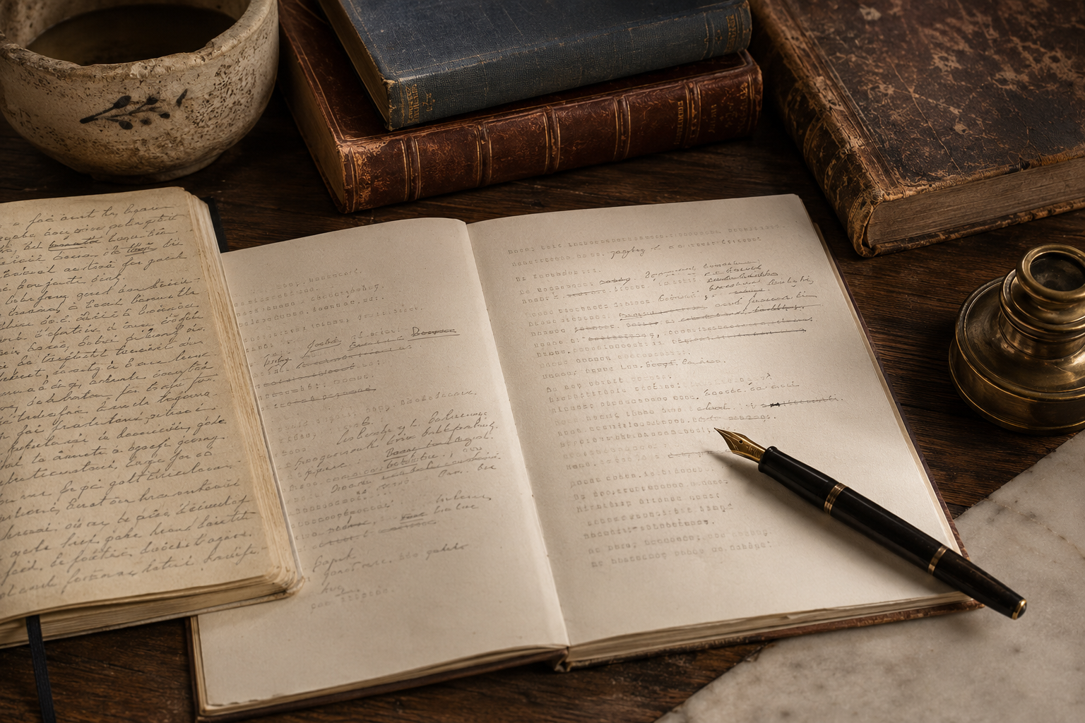 An open handwritten manuscript with a fountain pen, aged books, and an inkwell