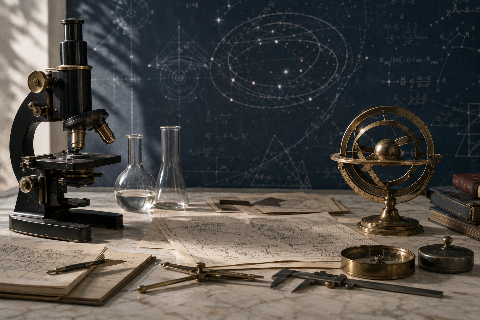 A microscope, glassware, and an armillary sphere on a marble desk before a constellation chalkboard